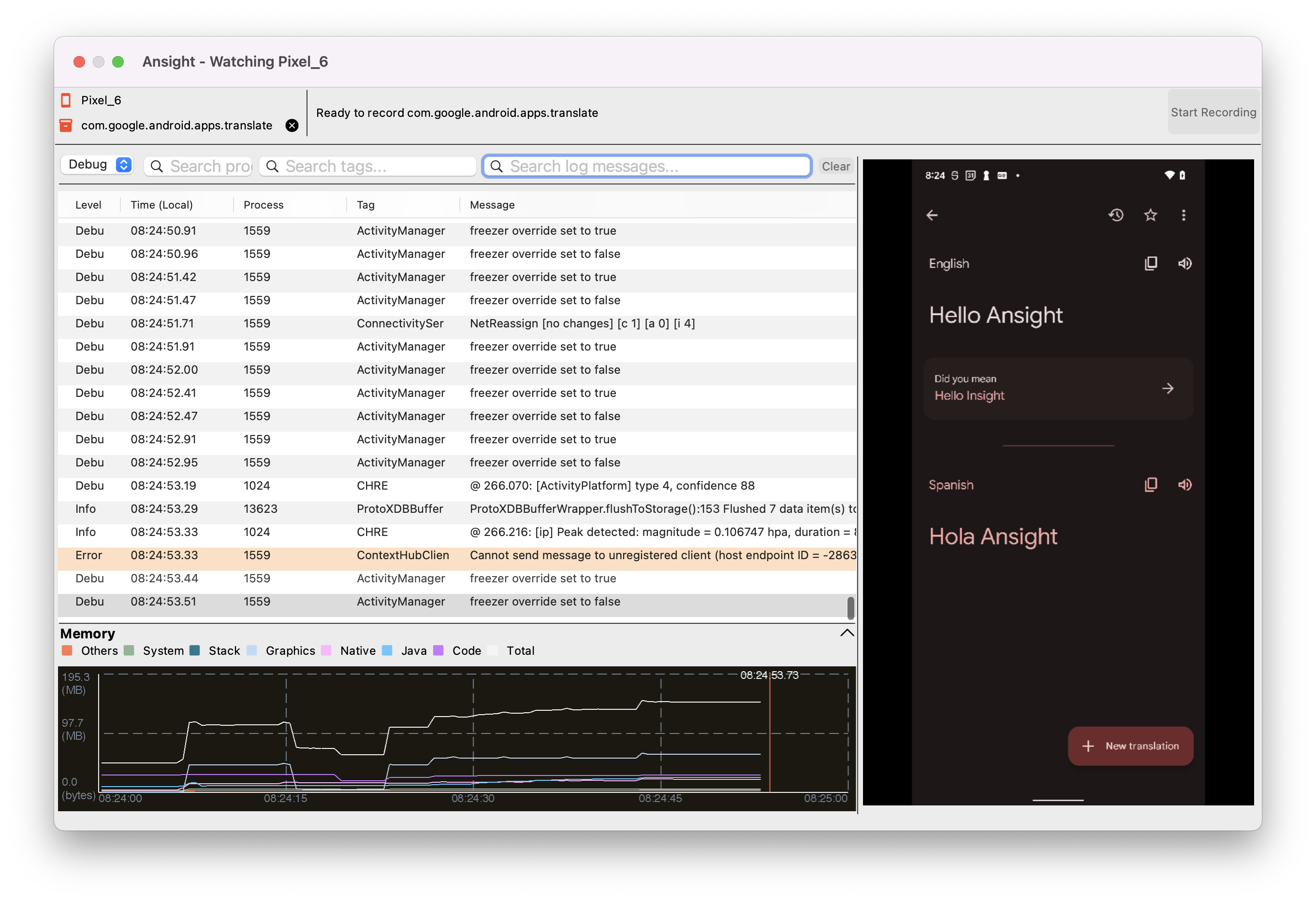 An example of Ansight monitoring a Google Pixel, including the phones device logs, a screen mirroring and the memory usage of the Google Translate app